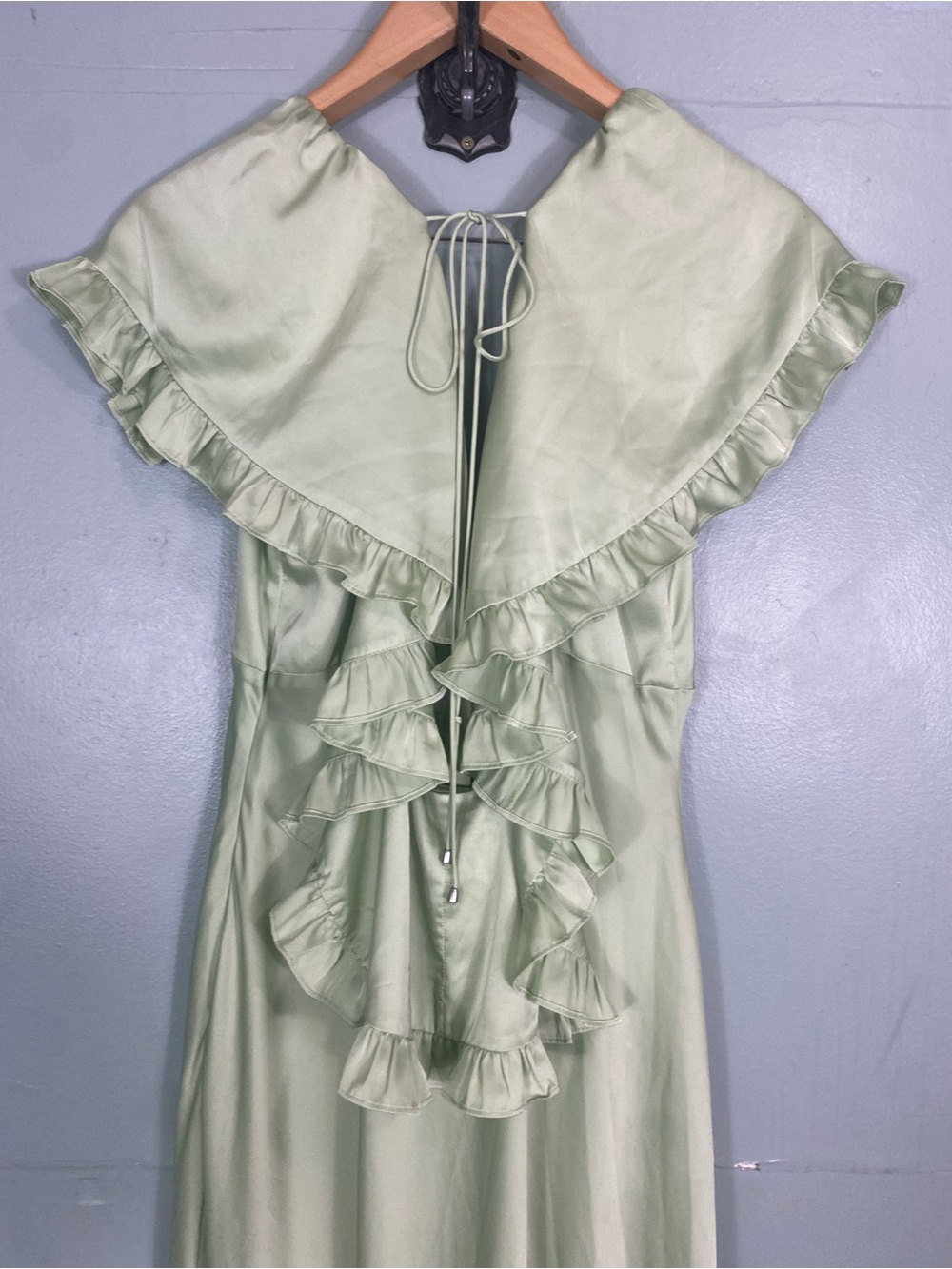 BHLDN Caped Satin Maxi Dress Green Ruffle XL - Picture 7 of 10